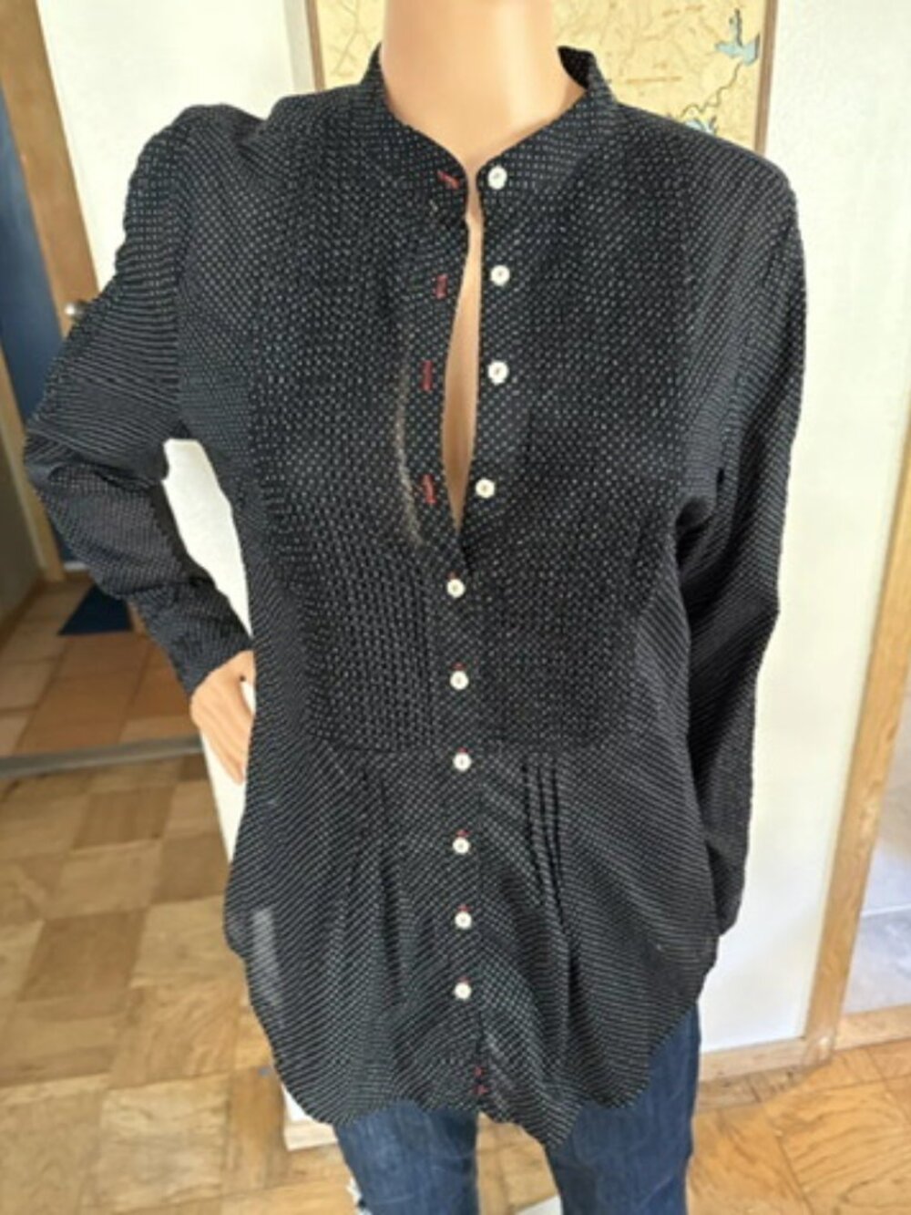 🖤 3J Workshop Black Polka Dot Ruched Tunic Blouse | Red Stitch Detail | Size